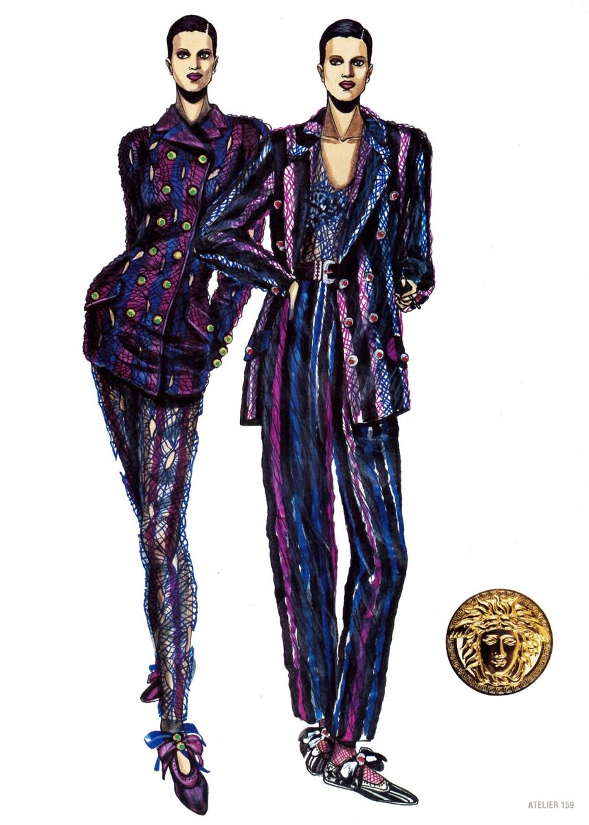 Atelier Versace F/W 1991 Runway Haute Couture Velvet Pants with Multicolor Cutout Embroidery