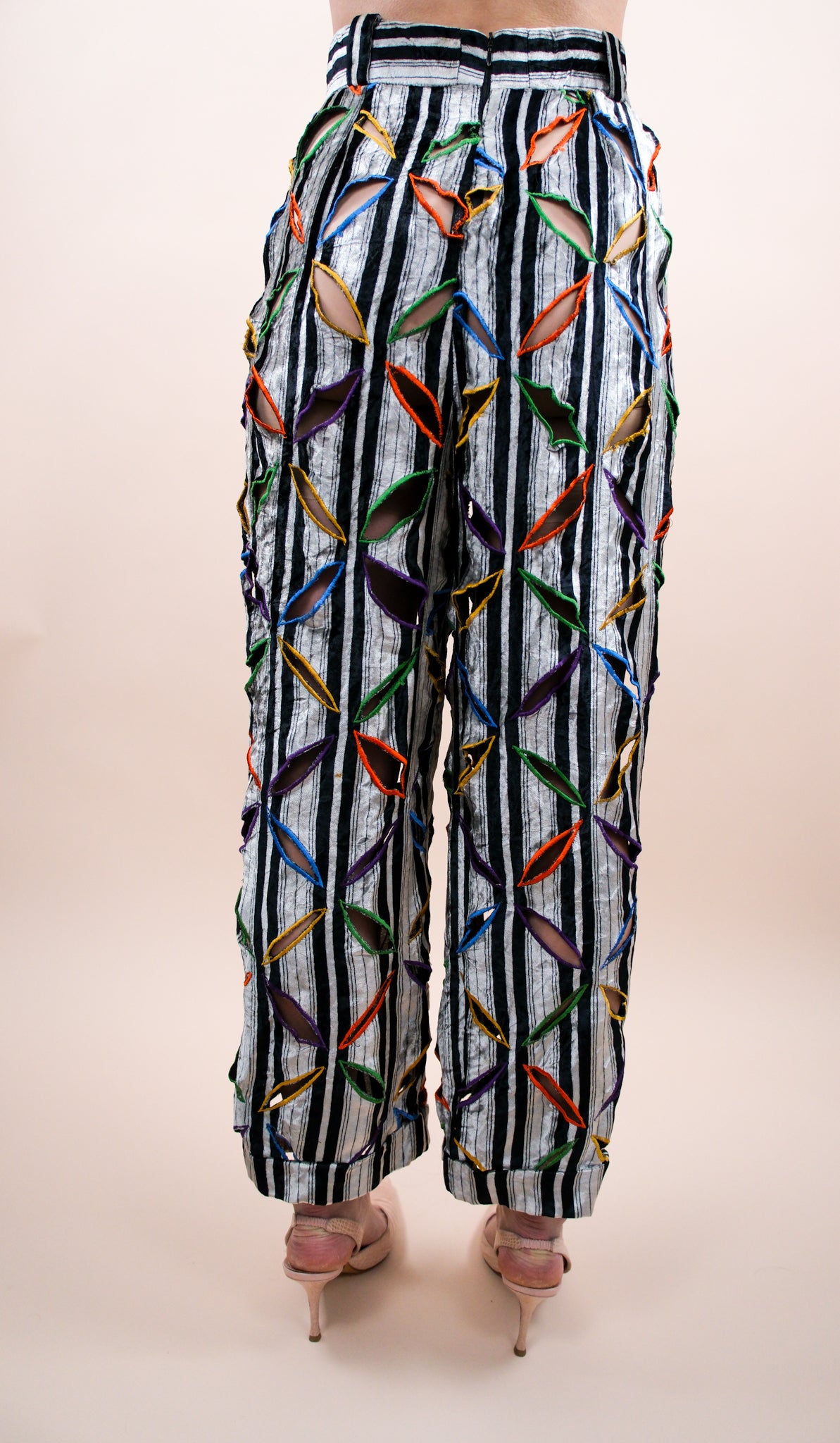 Atelier Versace F/W 1991 Runway Haute Couture Velvet Pants with Multicolor Cutout Embroidery