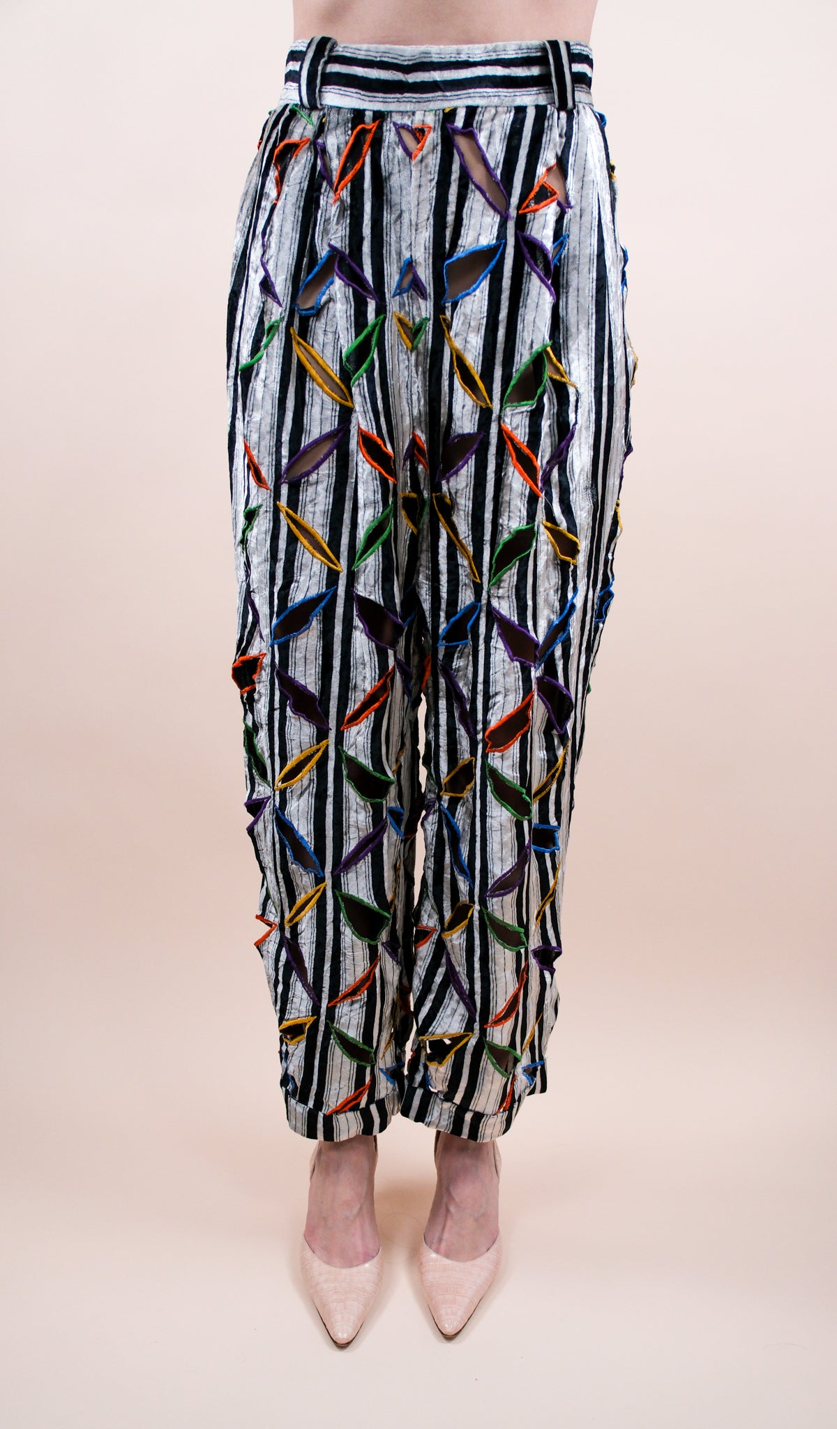 Atelier Versace F/W 1991 Runway Haute Couture Velvet Pants with Multicolor Cutout Embroidery