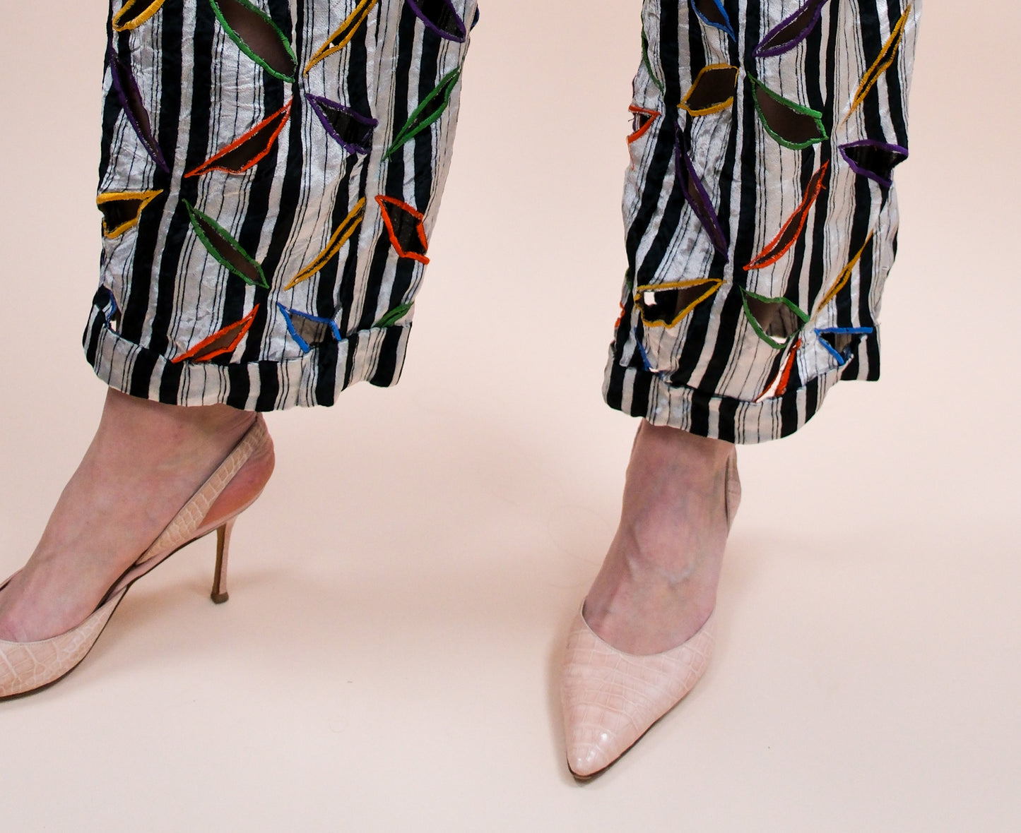 Atelier Versace F/W 1991 Runway Haute Couture Velvet Pants with Multicolor Cutout Embroidery