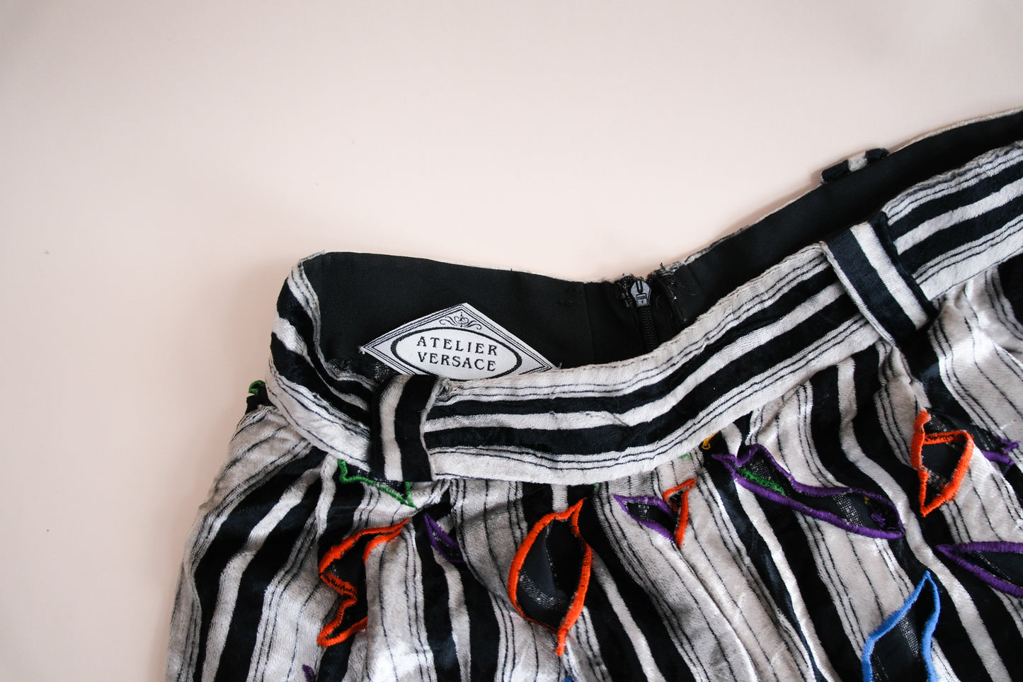 Atelier Versace F/W 1991 Runway Haute Couture Velvet Pants with Multicolor Cutout Embroidery