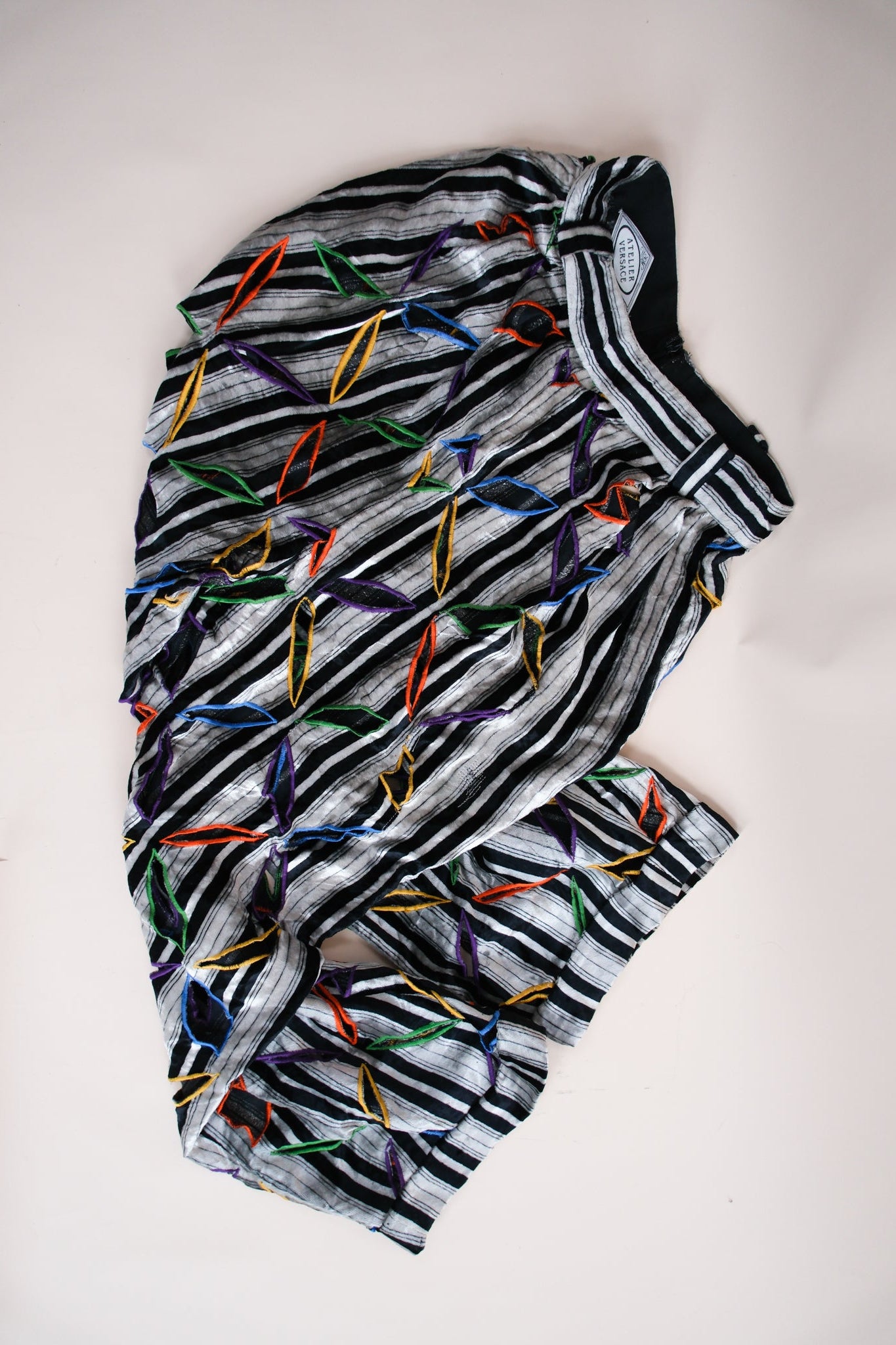 Atelier Versace F/W 1991 Runway Haute Couture Velvet Pants with Multicolor Cutout Embroidery