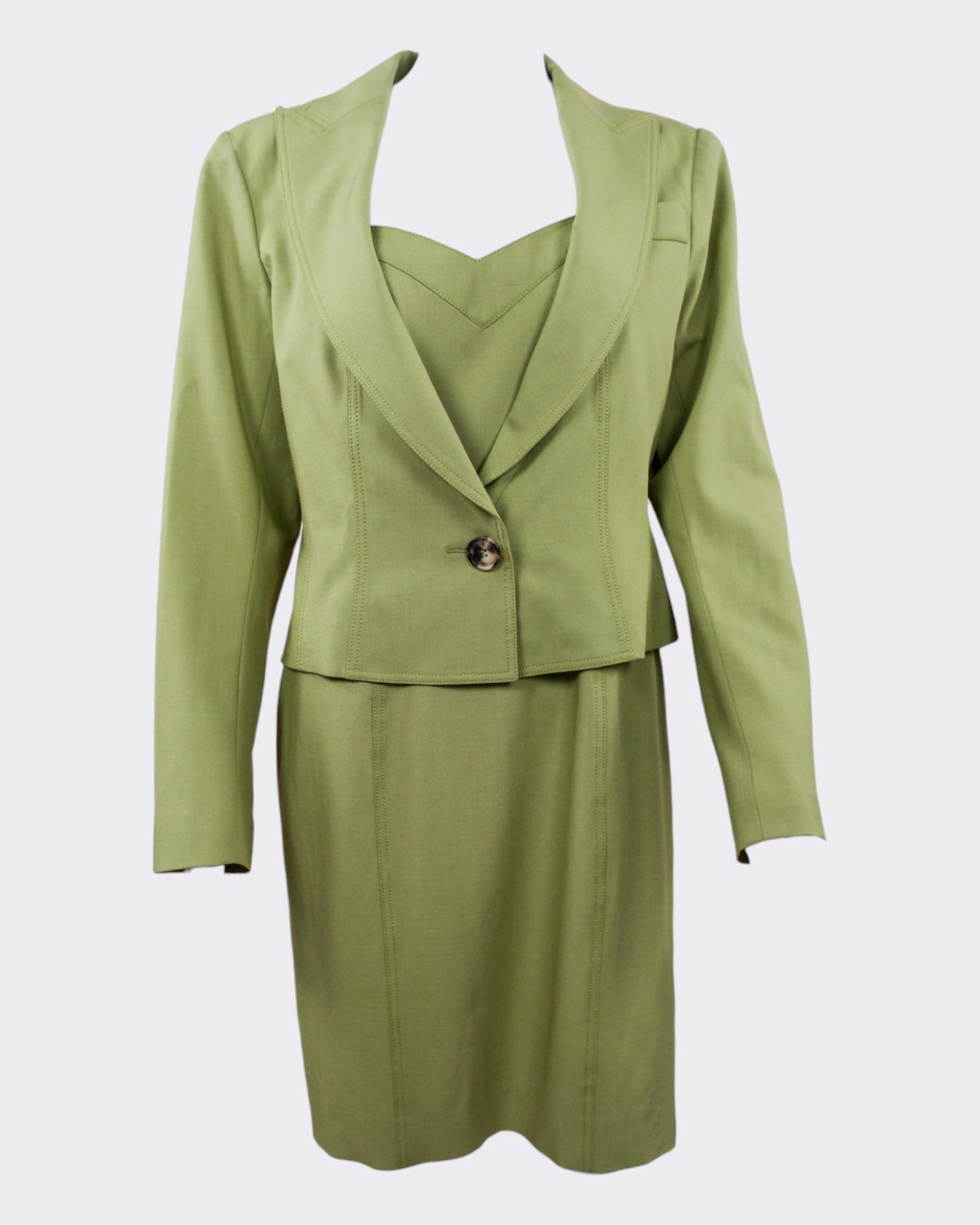 John Galliano 2001 Spring Green Suit Dress & Jacket Nine Lives Archive John Galliano 2001 Spring Green Suit Dress & Jacket Nine Lives Archive