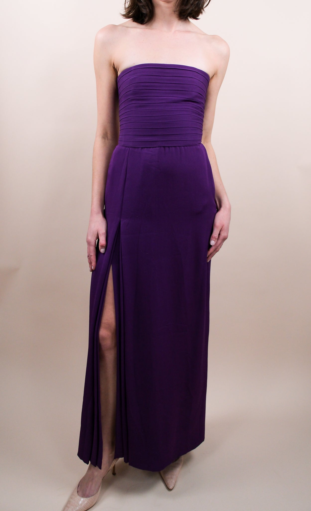 Galanos Late 1970s Purple Silk Strapless Gown