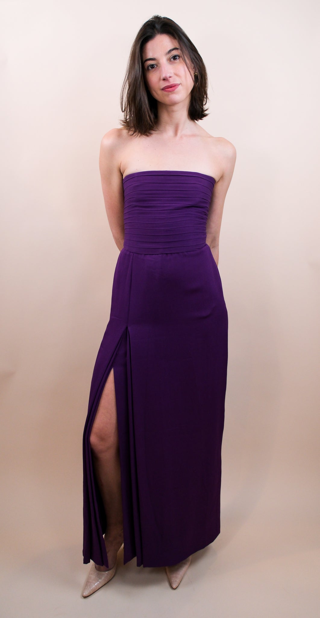 Galanos Late 1970s Purple Silk Strapless Gown