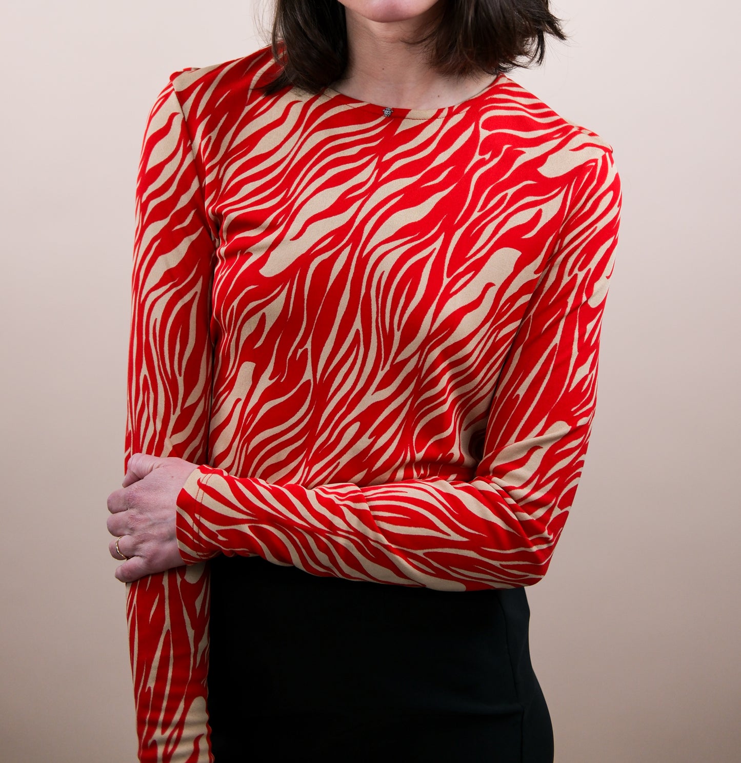 Gianni Versace Couture F/W 1998 Red & Beige Animal Print Long Sleeve Top