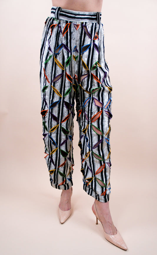 Atelier Versace F/W 1991 Runway Haute Couture Velvet Pants with Multicolor Cutout Embroidery