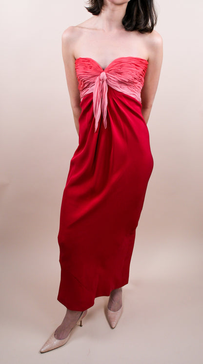 1970s Henri Bendel Red Silk Crepe & Chiffon Strapless Gown