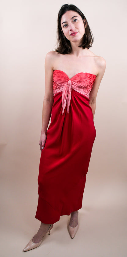 1970s Henri Bendel Red Silk Crepe & Chiffon Strapless Gown