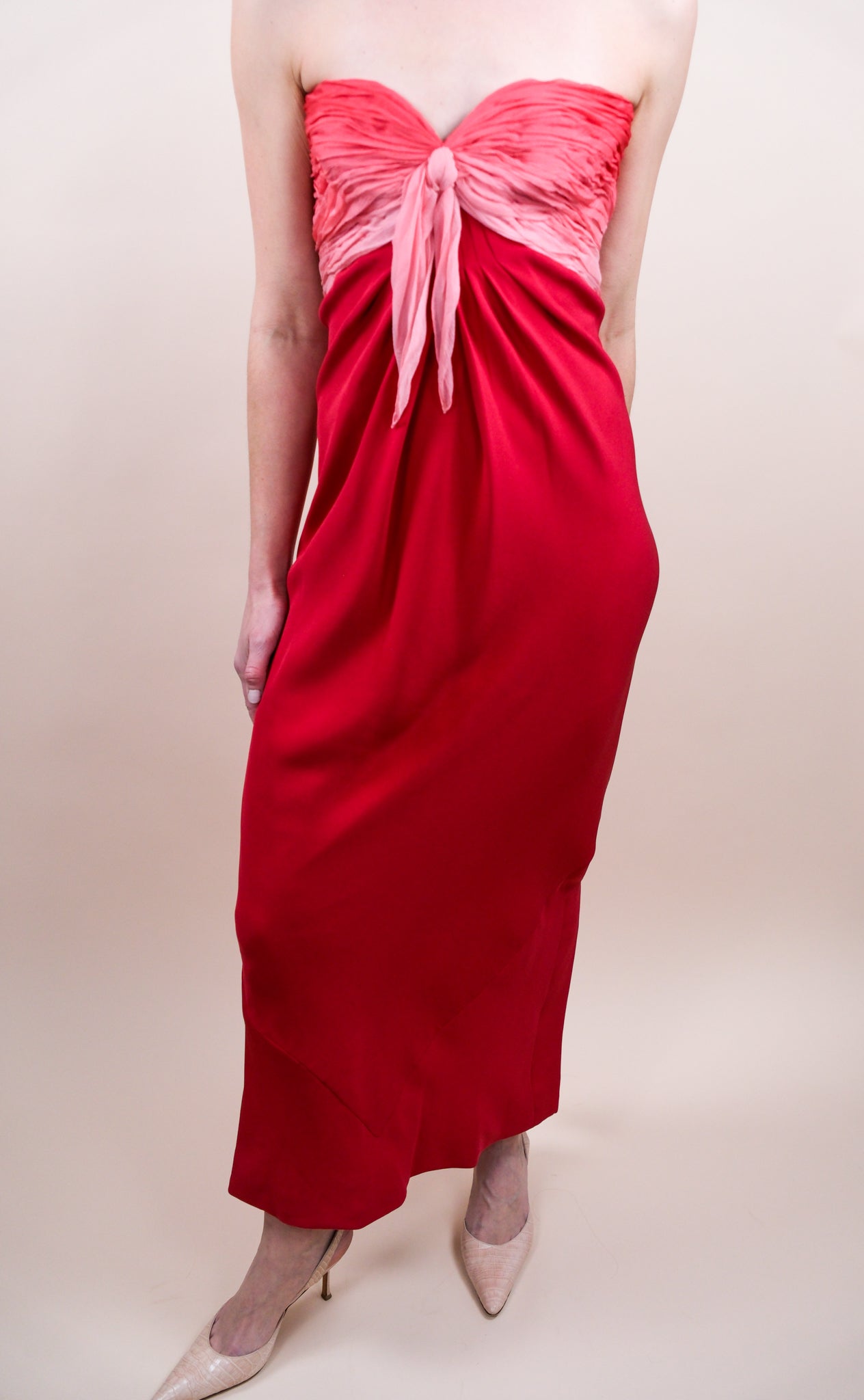 1970s Henri Bendel Red Silk Crepe & Chiffon Strapless Gown