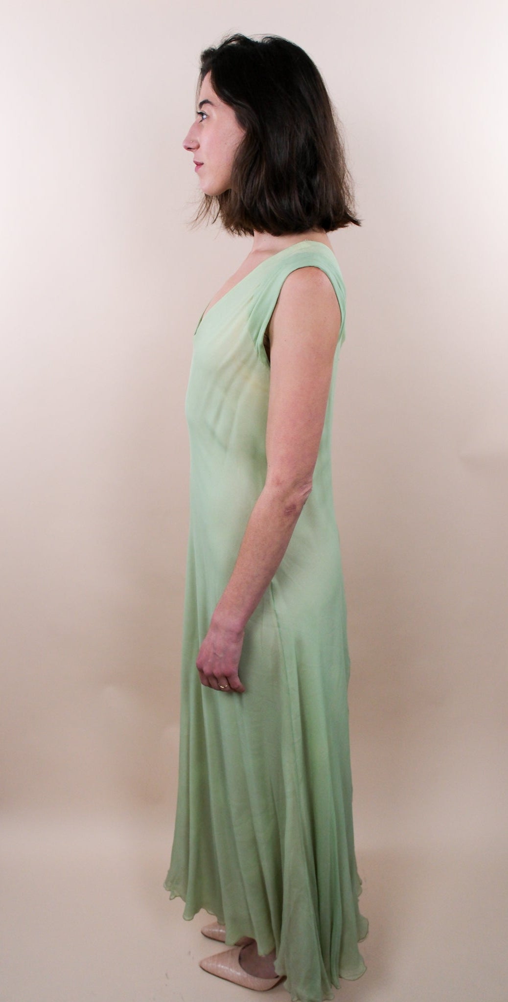 Stavropoulos 1970s Haute Couture Green Silk Gown