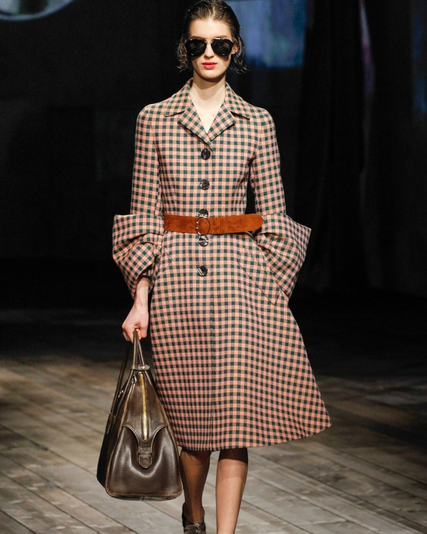 Prada F/W 2013 Orange and Green Check Print Midi Dress