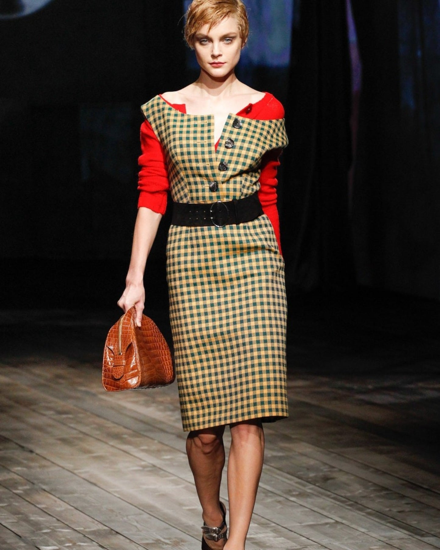 Prada F/W 2013 Orange and Green Check Print Midi Dress
