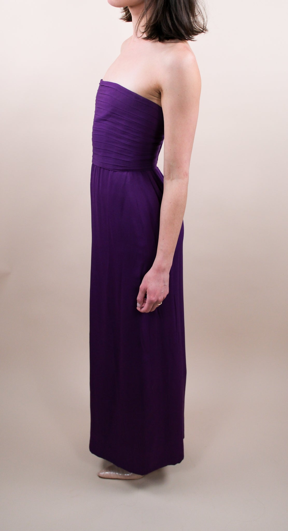 Galanos Late 1970s Purple Silk Strapless Gown