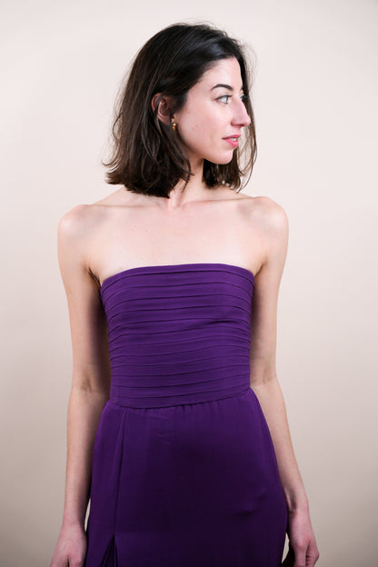 Galanos Late 1970s Purple Silk Strapless Gown