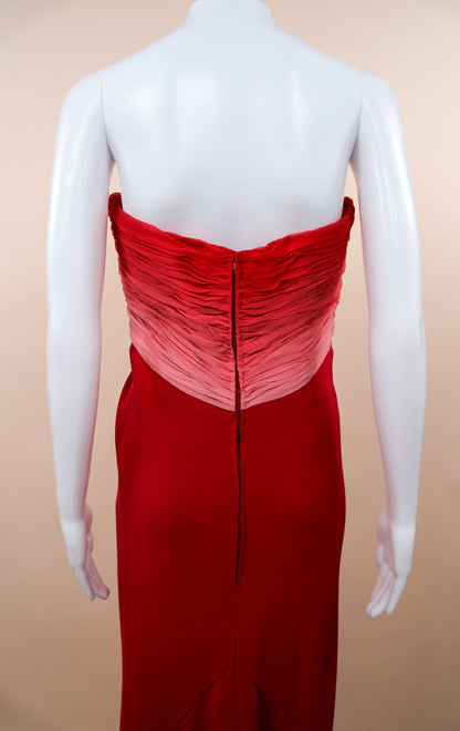 1970s Henri Bendel Red Silk Crepe & Chiffon Strapless Gown