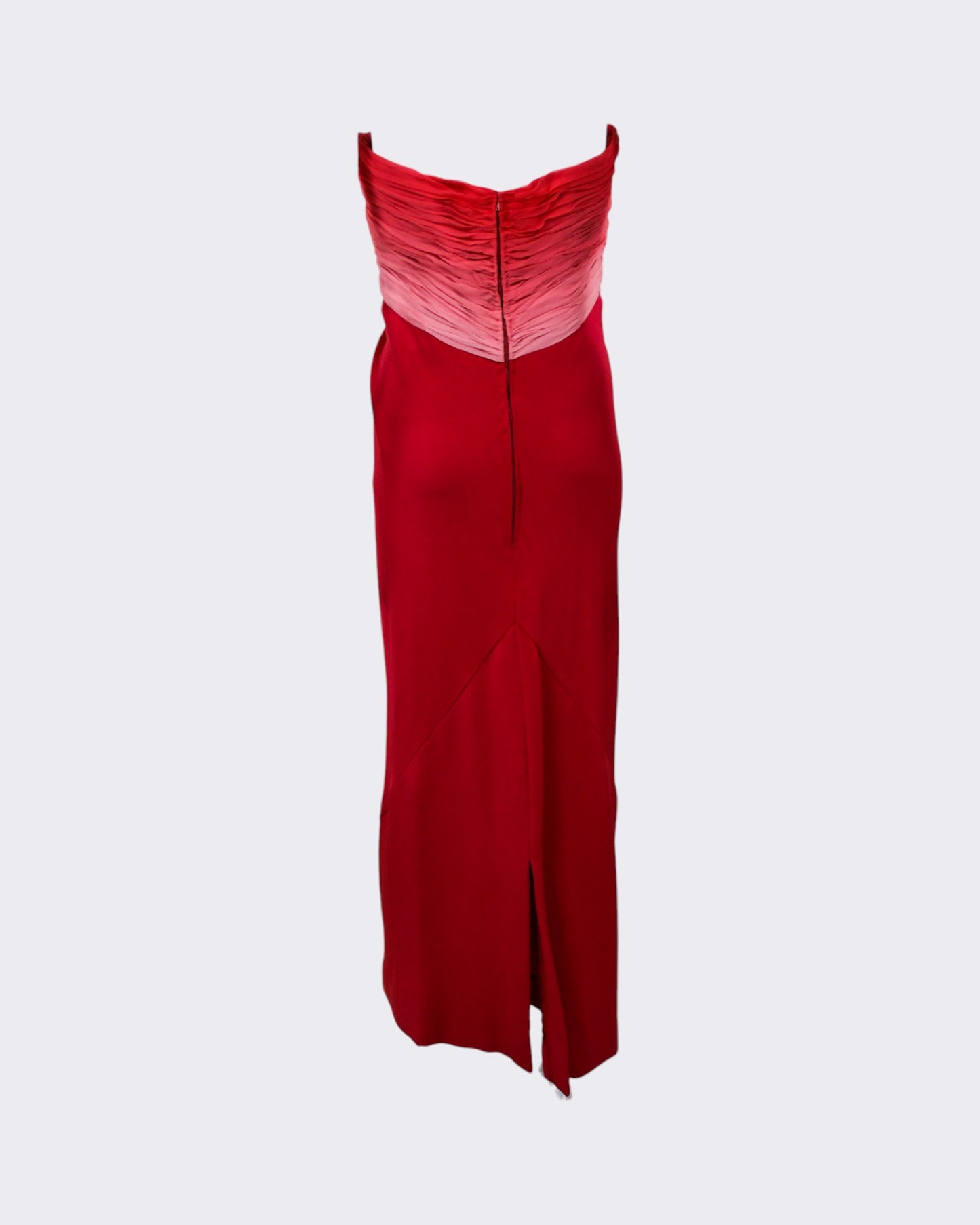 1970s Henri Bendel Red Silk Crepe & Chiffon Strapless Gown