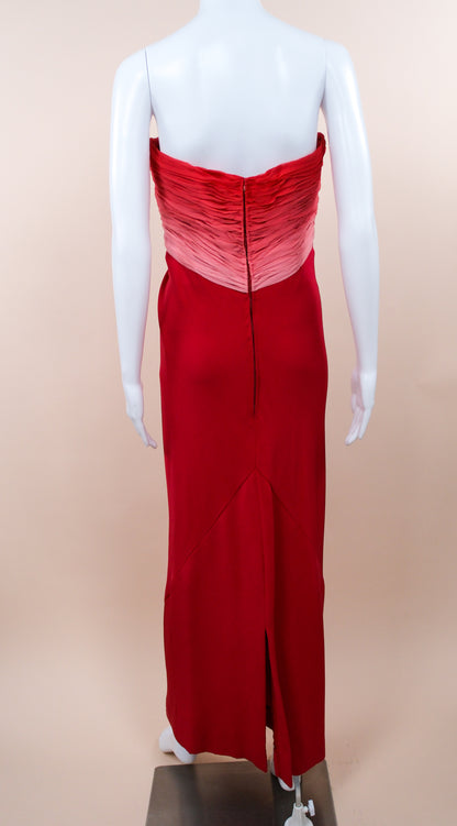 1970s Henri Bendel Red Silk Crepe & Chiffon Strapless Gown