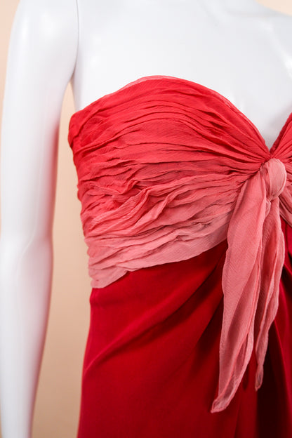 1970s Henri Bendel Red Silk Crepe & Chiffon Strapless Gown