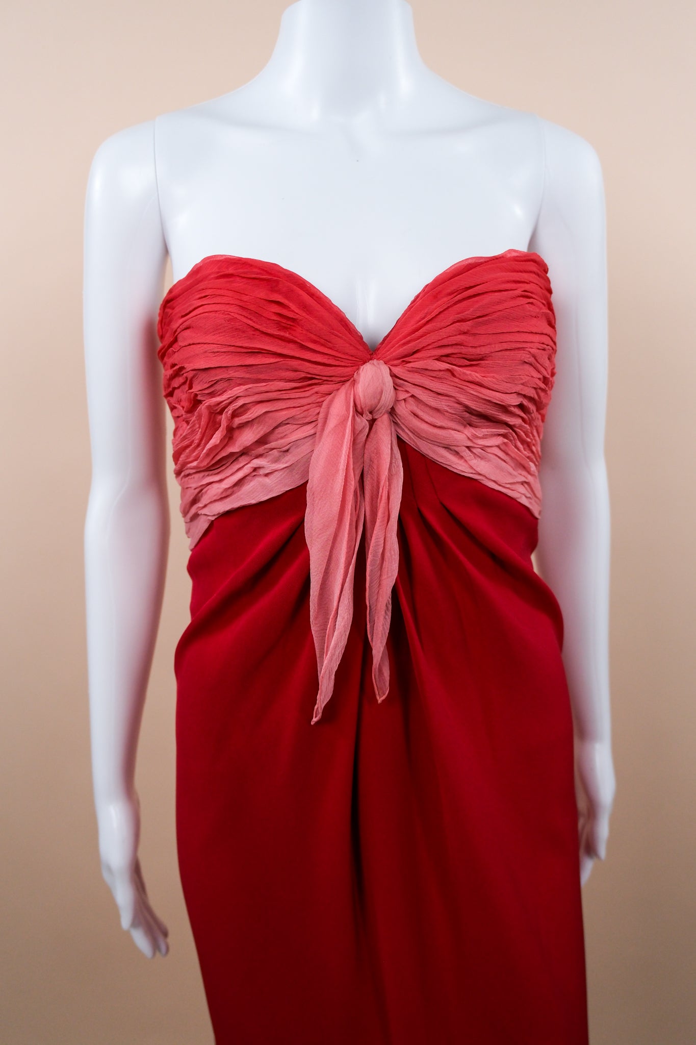 1970s Henri Bendel Red Silk Crepe & Chiffon Strapless Gown