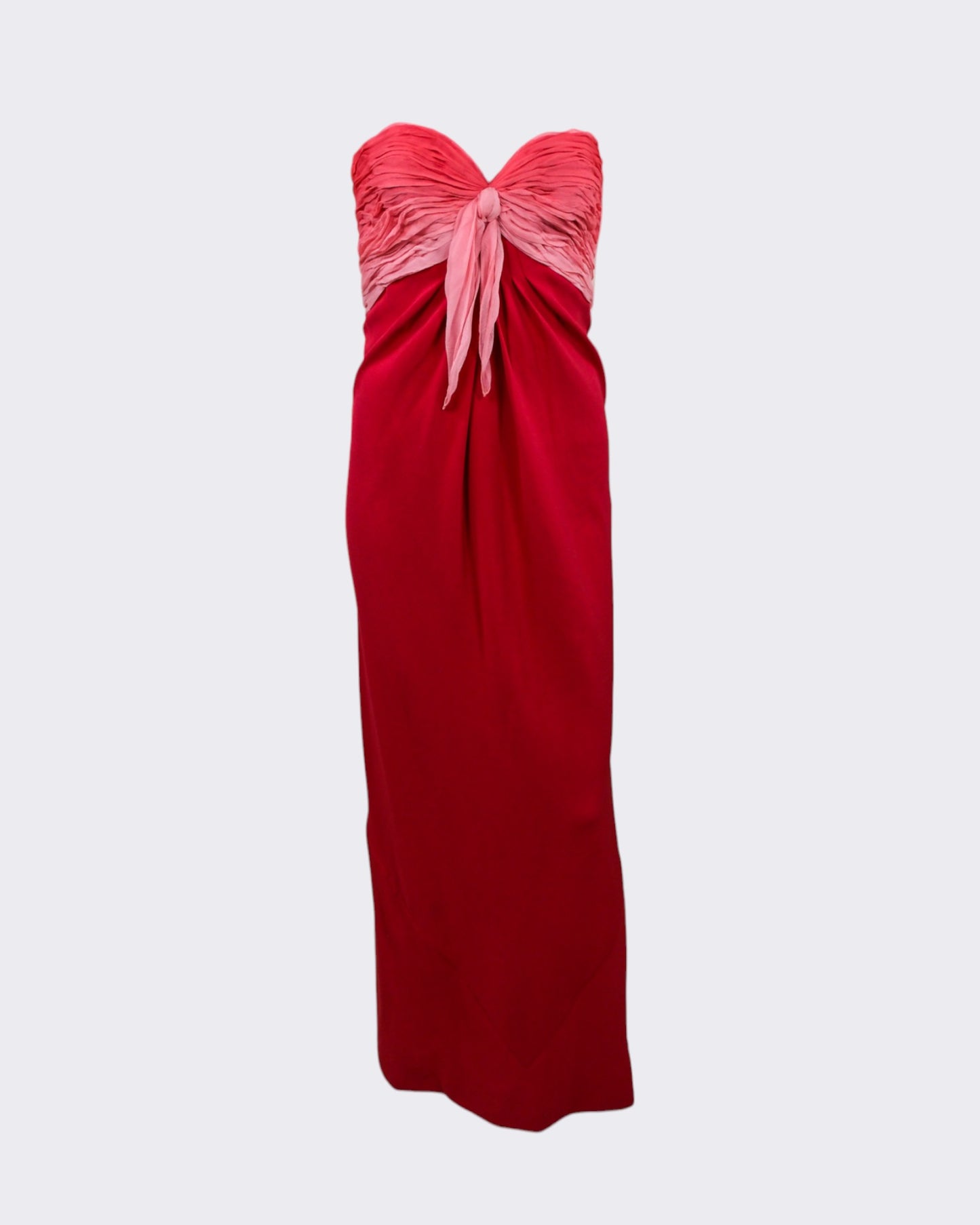 1970s Henri Bendel Red Silk Crepe & Chiffon Strapless Gown