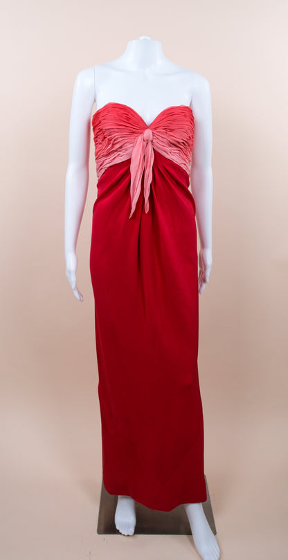 1970s Henri Bendel Red Silk Crepe & Chiffon Strapless Gown