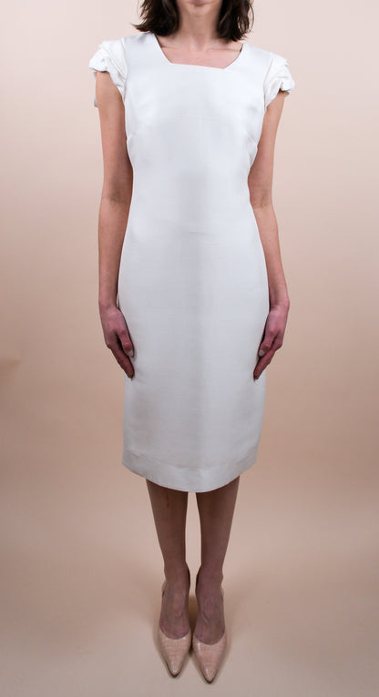 Valentino White Silk Midi Dress with Pleated Shoulders (2009 Resort Runway)