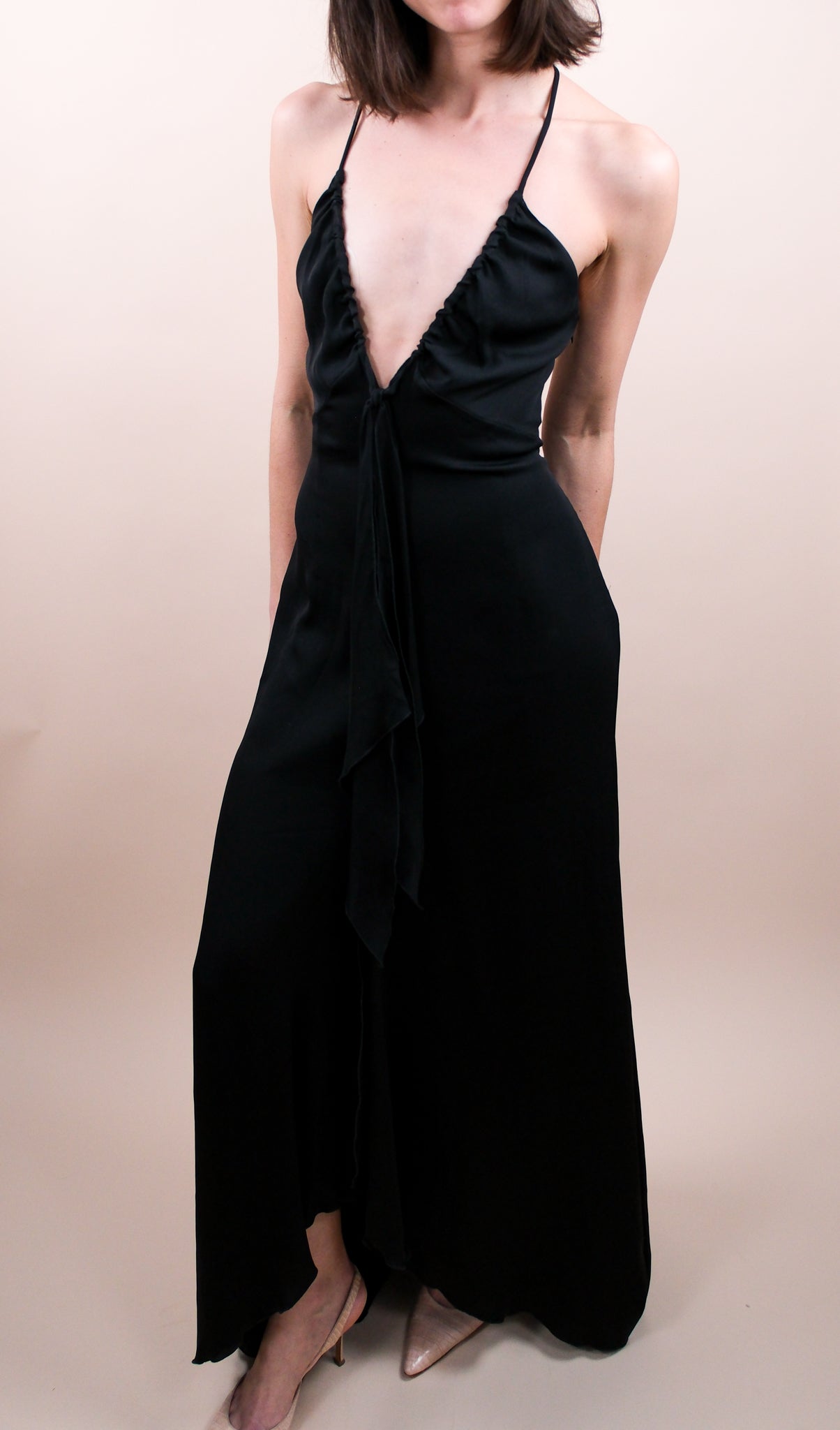 Valentino Roma 1990s Black Deep V Plunge Gown